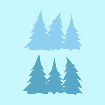 Flat illustration of three pine tree silhouettes isolated on light blue. Simple fir forest elements for winter scenes, Christmas designs, and nature backgrounds.