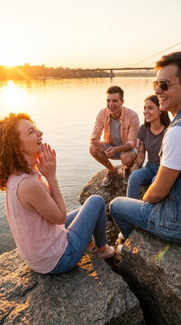 Nostalgic vintage lifestyle friend group sunset. Retro nostalgia memory aesthetic. antique classic old history, analog media entertainment, hobby leisure