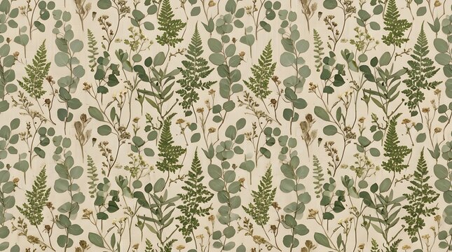 Dense botanical foliage pattern with green eucalyptus leaves and wild herbs suitable for eco friendly tile design.
