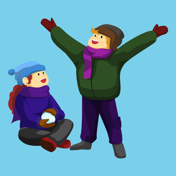 Flat illustration of two happy kids playing in winter, a boy standing with open arms and a girl sitting holding a snowball. Cheerful children in warm winter clothes.