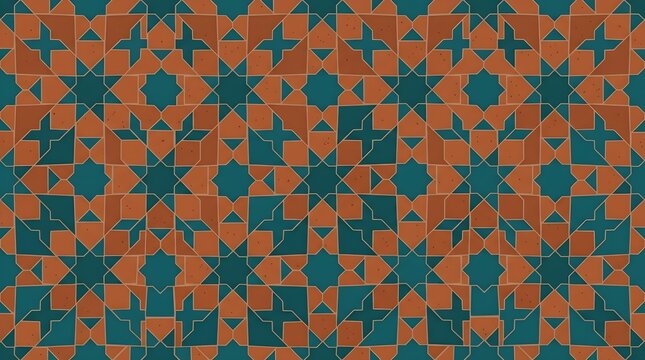 Islamic geometric star pattern with terracotta and teal polygons for architectural wall art and cultural design.