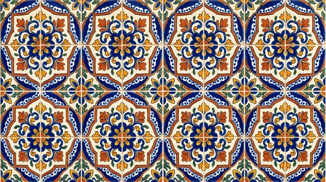 Mexican talavera tile pattern with vibrant blue and orange floral mandalas for mediterranean kitchen backsplash.