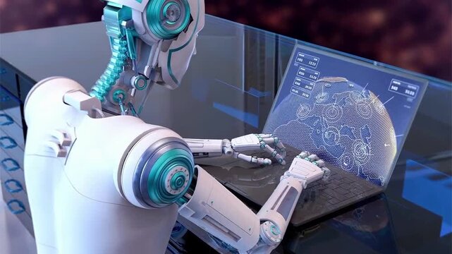 Robot analyst, 3D animation showing data entry and global map monitoring with numeric readouts and location markers, illustrating real time analytics, surveillance and decision support.