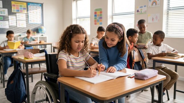 Two schoolgirls work at a desk, one seated in a wheelchair writing in a notebook while a classmate helps; other children sit behind them in a bright classroom with posters