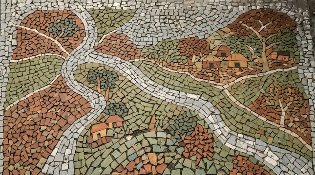 Rustic mosaic landscape art with earthy tones depicts village scenery perfect for historical architectural interiors.