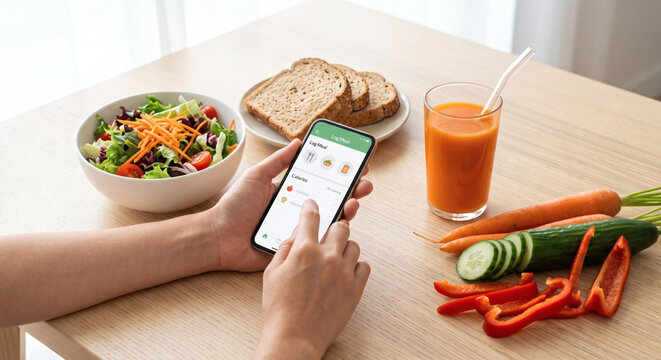 Nutrient-rich meal planning via digital app on a wooden table showcases healthy eating habits fresh produce and wholesome sustenance for well-being and dietary tracking.