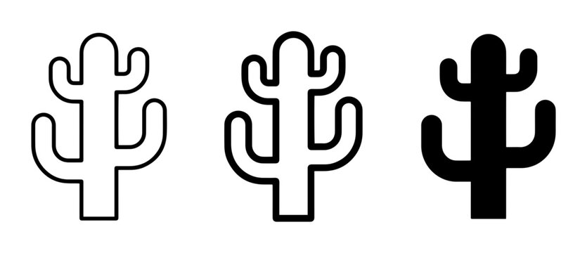 Cactus icons in outline and solid styles, UI and web interface.