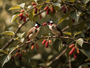 Naklejka premium Two Red Whiskered Bulbuls perch on a branch, sharing ripe blackberries. Their black crests and red cheek patches stand out against green leaves and fruit. Birds eat berries in a natural setting.