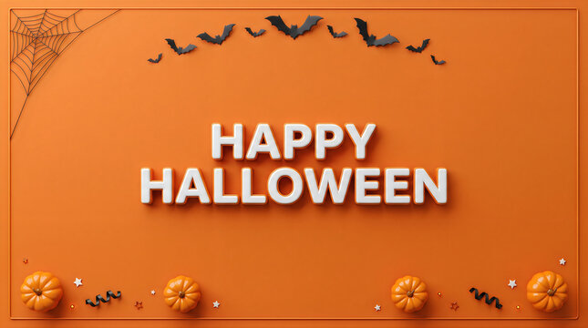 A festive orange halloween background featuring a happy halloween greeting with decorative bats and pumpkins for seasonal holiday party invitations
