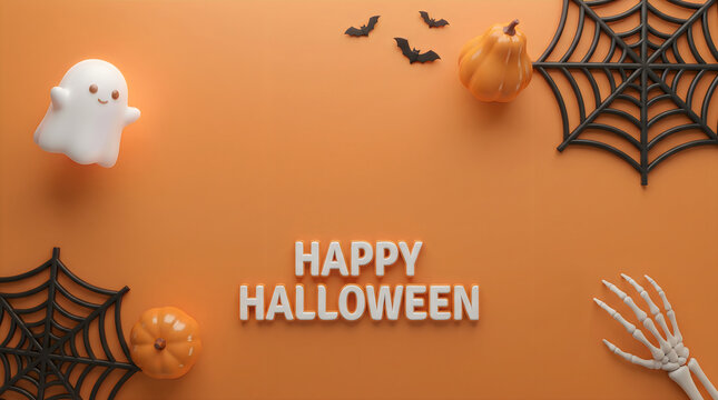 A festive and spooky halloween background featuring cute ghost decorations pumpkins spider webs bats and skeleton hands on orange surface
