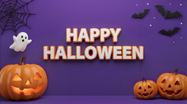 A festive purple halloween background featuring carved pumpkins a cute ghost flying bats and spider webs for your holiday celebration