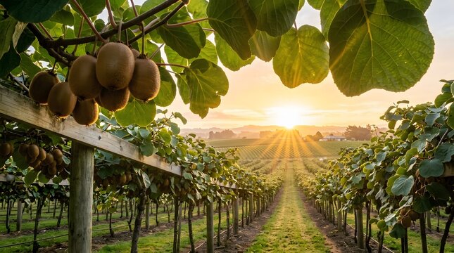 A scenic kiwi orchard bathed in the warm, golden light of a setting sun.