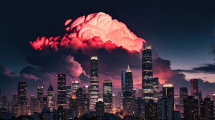 Obraz premium City skyline at twilight with glowing red clouds over illuminated skyscrapers. Tall modern buildings light up a vast urban landscape under a starry sky.