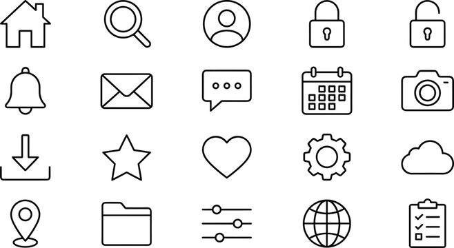 Essential user interface web linear icon set featuring home search profile lock mail calendar camera download star heart gear cloud location pin folder slider website dashboard layout
