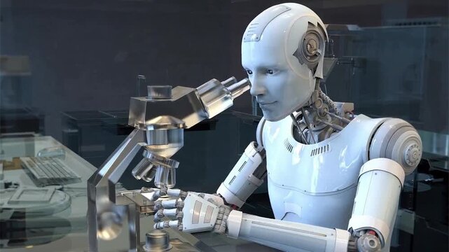 Laboratory robot, 3D animation showing a humanoid technician using a microscope for diagnostics and research, illustrating automated analysis, microbiology, pathology and biomedical science.