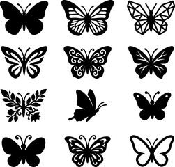 Fototapeta premium Black Butterfly Icon Set – Classic, Monarch, Geometric, Botanical, Decorative and Abstract Butterfly Silhouettes.