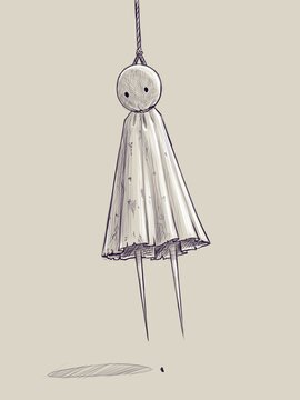 Hand drawn sketch of a teru teru bozu hanging cloth doll with round head, simple eyes, conical body and two pointed stick legs suspended by a rope on light background