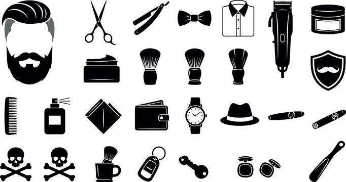 Barbershop salon elements gentleman grooming icon set featuring bearded man silhouette scissors razor clipper brush pomade shirt bowtie watch hat cologne for branding packaging interface design