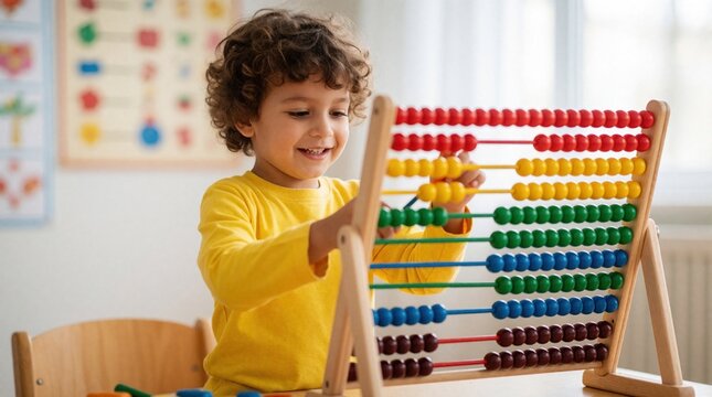 Little boy plays with colorful wooden abacus in bright school classroom. Happy kid learns math skills using counting toy. Young child focuses on education, logic development through fun learning