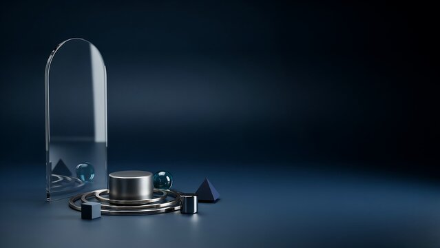 Minimalist product display featuring a metallic cylinder pedestal, glass arch, and various geometric shapes on a dark blue studio background.