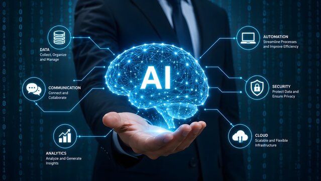 A business professional holding a glowing digital brain representing artificial intelligence technology and modern data processing solutions for corporate growth
