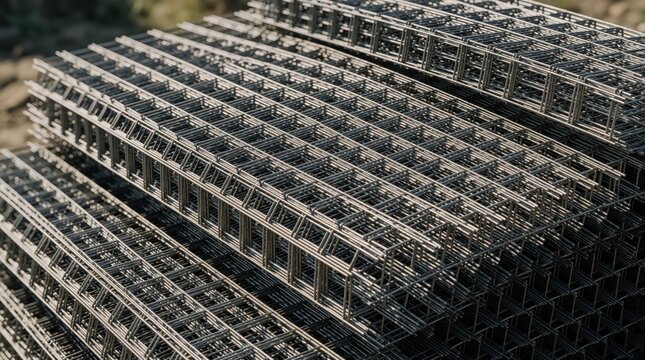 Steel wire mesh stack for concrete reinforcement. Grid material used in construction for foundations and walls. Industrial background texture with square patterns.