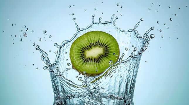 A vibrant green kiwi slice causing a stunning splash in clear water.