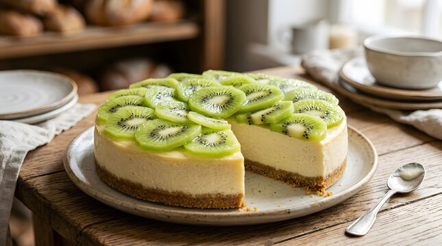 A delicious kiwi cheesecake on a wooden table with a slice cut out.