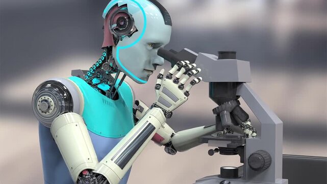 Laboratory robot, 3D animation showing a humanoid technician using a microscope for diagnostics and research, illustrating automated analysis, microbiology, pathology and biomedical science.