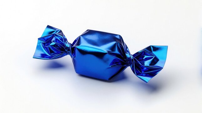Single blue foil wrapped candy sits isolated on white background. Shiny sweet treat packaging with twisted ends close up. Food still life studio shot.