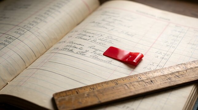 Vintage accounting ledger book with wooden ruler and red page marker