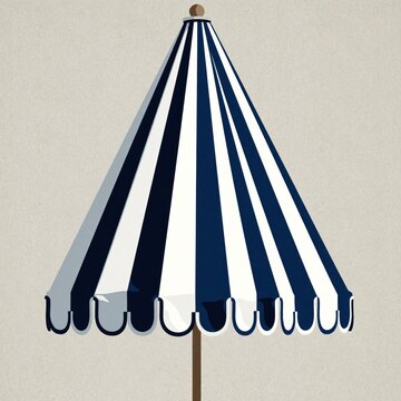 Tall conical parasol with dark blue, white stripes. Elegant striped umbrella features decorative scalloped edges, wooden pole. Classic garden shade object for beach, patio outdoor summer event