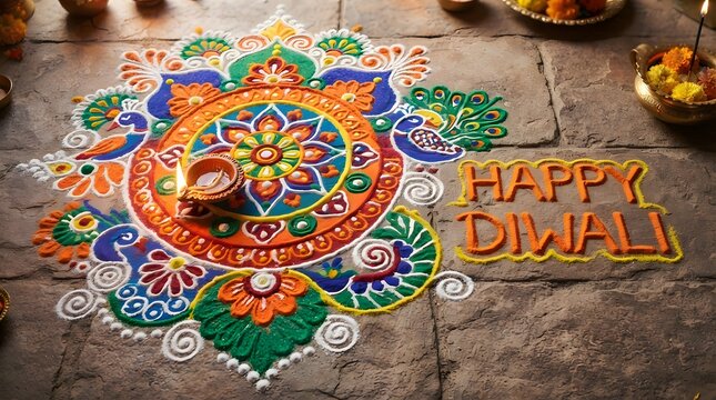 Beautifully crafted colorful rangoli art with happy diwali text and a lit diya on a stone floor