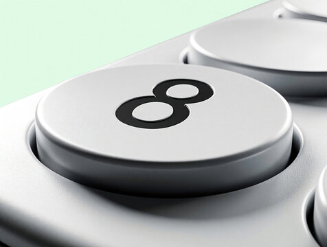 Close up of silver calculator button with number eight printed on. Macro view of numeric keypad for math finance tasks. Digital device part used for counting, budget planning, accounting work in