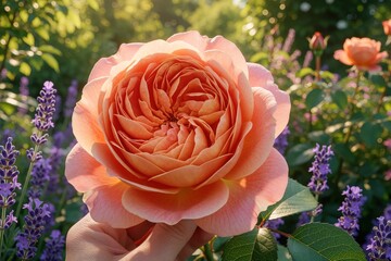 Naklejka premium Close up of salmon rose Lady of Shalott blooming in summer garden. Human hand holds large peach colored flower among purple lavender. Beautiful garden shrub grows in sunny outdoor park with green