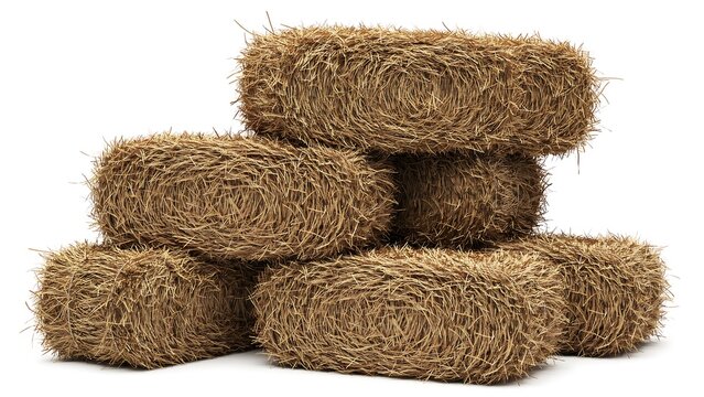 Stacked rectangular hay bales isolated on white background