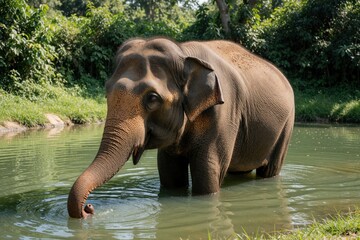Naklejka premium Large Asian elephant stands in shallow green pond water near grassy bank. Elephant proboscis dips into water, creating ripples. Rich green trees form background.