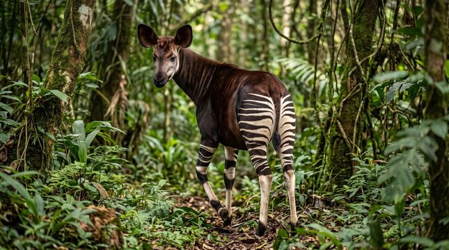 Wild Okapi Turning Back in Dense African Rainforest