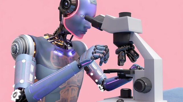 Laboratory robot, 3D animation showing a humanoid technician using a microscope for diagnostics and research, illustrating automated analysis, microbiology, pathology and biomedical science.