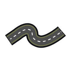 Fototapeta premium Winding road with dashed white lines and solid yellow lines, symbolizing a complex journey, path to progress, or an important decision point for travel, navigation, or future planning