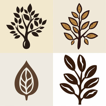 Set of hand drawn tree and leaf icons for organic branding and eco friendly design projects