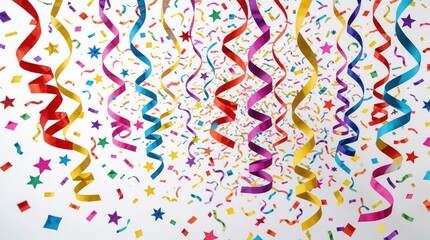 Fototapeta premium Colorful party streamers, confetti fall on white background. Bright paper ribbons swirl in air with many small stars, shapes. Festive decoration for birthday, anniversary, New Year celebration. Happy