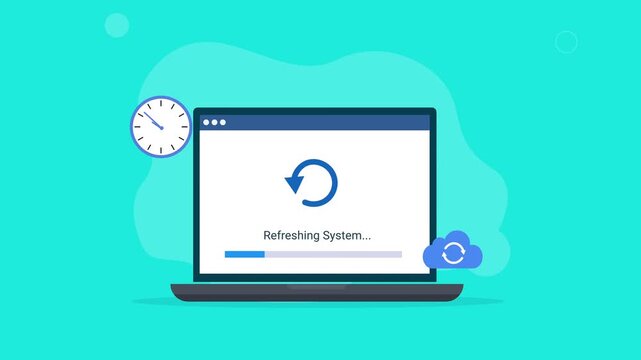 Animated laptop with a refreshing system interface, circular refresh icon, clock, and cloud symbol, representing software updates, synchronization, system maintenance, and digital technology.