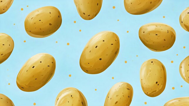 Potato pattern with golden potatoes on a blue background, playful food texture for wallpaper, packaging, textile, branding, and decorative print.

