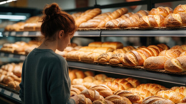 Woman looks at baked goods in supermarket bakery aisle. She chooses bread and pastries from a full shelf display. Customer shops for fresh bakery products in a modern grocery store.