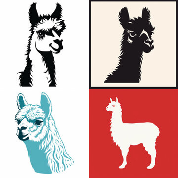 Minimalist vector illustrations of llamas in four distinct artistic styles for design projects