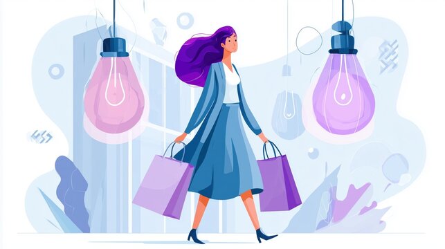 Woman carrying purple shopping bags beneath glowing lamps, colorful retail illustration for marketing, branding, and commercial design.

