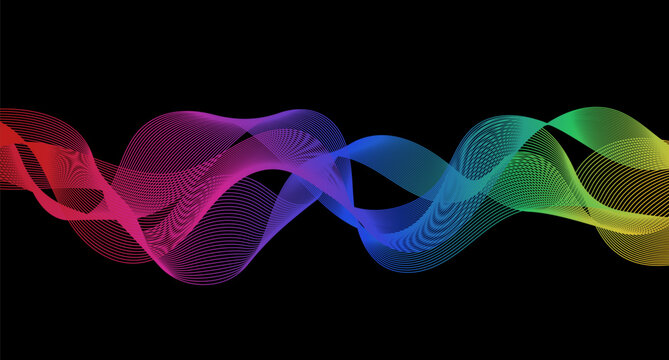 Vector abstract decorative colorful neon decorative waves on black background