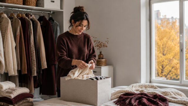 Woman Organizing Warm Autumn Clothes Inside Bright Modern Bedroom Wardrobe