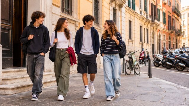 Italian Teenagers Leaving School Together Along Historic European City Street